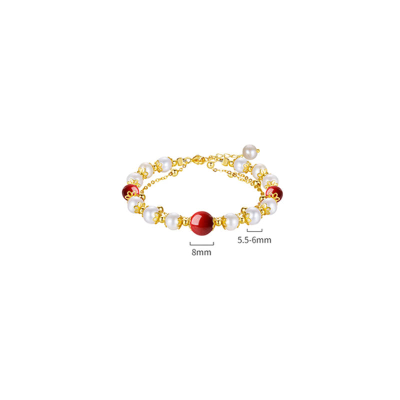 Fortune Jewel 925 Sterling Silver Pearl Cinnabar Wisdom Bead Double Layer Chain Bracelet