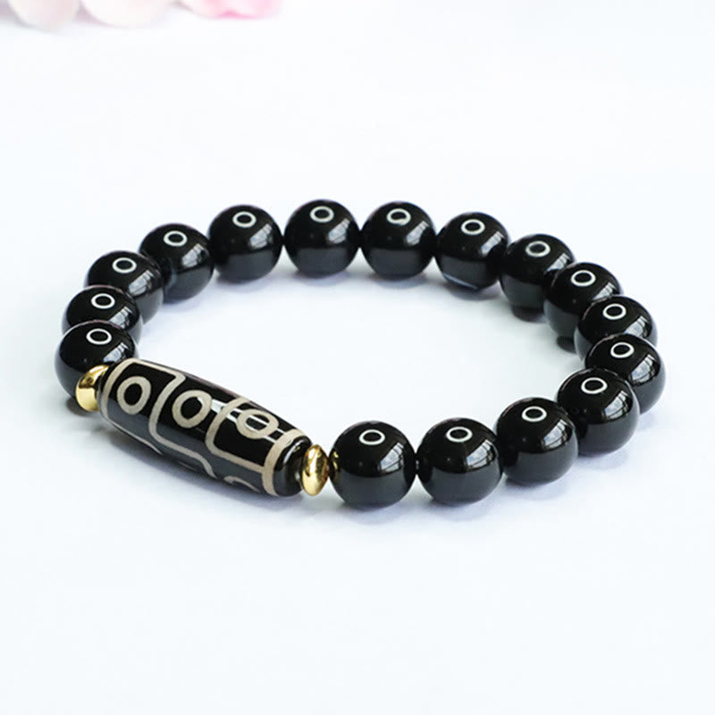 Fortune Jewel Tibetan Nine-Eye Dzi Bead Black Onyx Power Bracelet