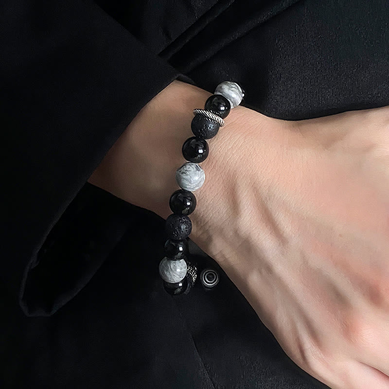 Fortune Jewel Vintage Lava Rock Black Obsidian Picasso Jasper Beads Support Rope Bracelet
