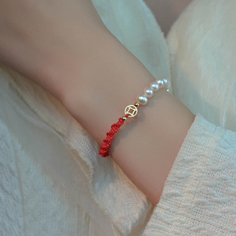 Fortune Jewel 14K Gold Plated Pearl Bead Luck Protection Braid Red String Bracelet