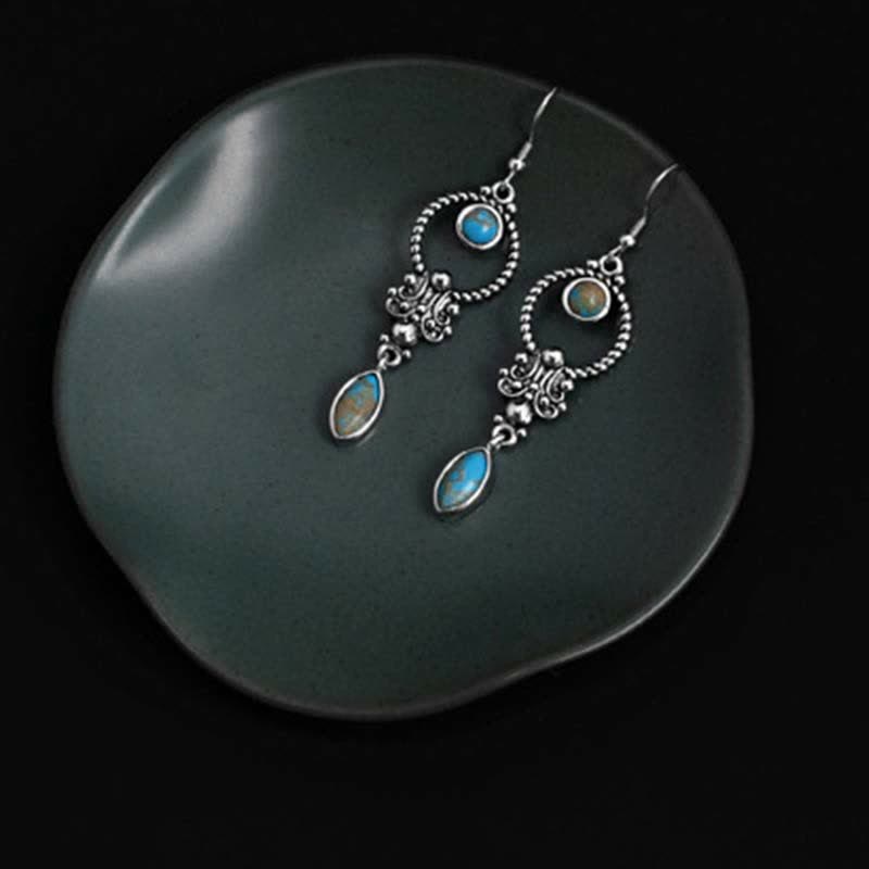 Fortune Jewel 925 Sterling Silver Vintage Turquoise Waterdrop Pattern Balance Drop Dangle Earrings