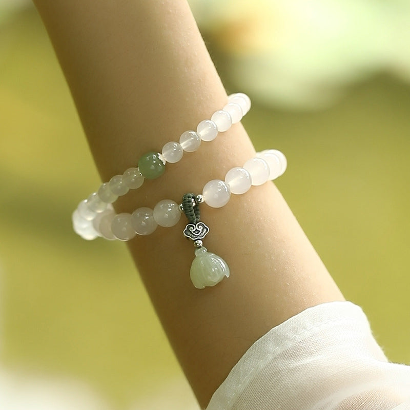 Fortune Jewel White Agate Jade Lotus Protection Bracelet