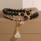 Fortune Jewel Gold Sheen Obsidian Gray Agate Lotus Charm Strengthen Double Wrap Bracelet