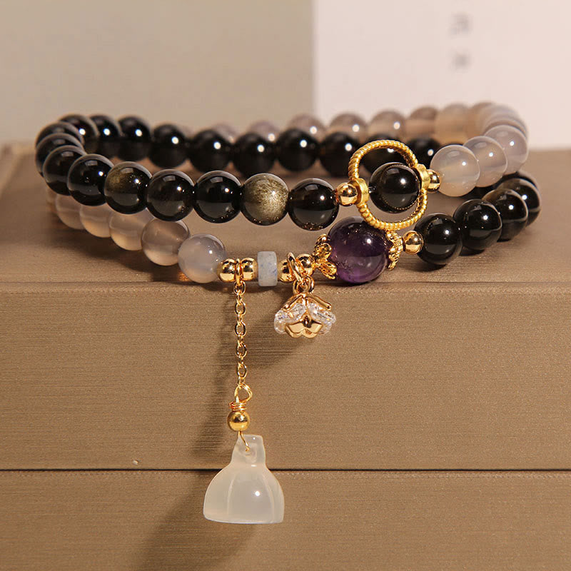 Fortune Jewel Gold Sheen Obsidian Gray Agate Lotus Charm Strengthen Double Wrap Bracelet