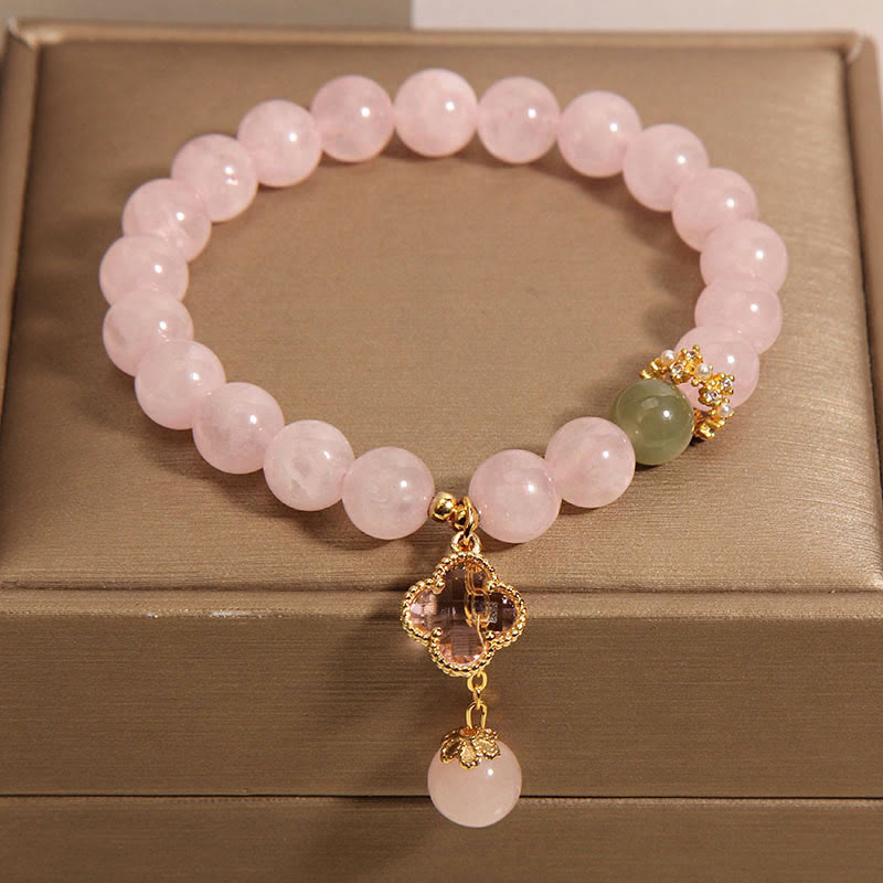 Fortune Jewel Natural Pink Crystal Four Leaf Clover Soothing Bracelet