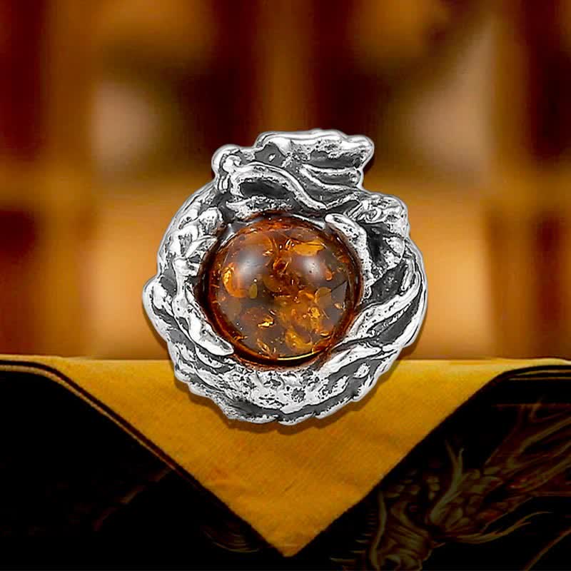 Fortune Jewel 925 Sterling Silver Natural Amber Dragon Success Protection Stud Earring