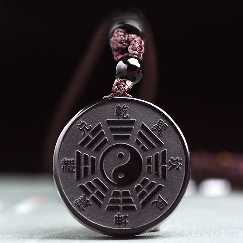 Fortune Jewel Black Obsidian Bagua Yin Yang Strength Necklace Pendant