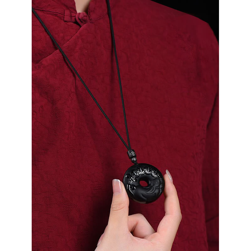 Fortune Jewel Chinese Zodiac Natural Black Obsidian Peace Buckle Strength Necklace Pendant