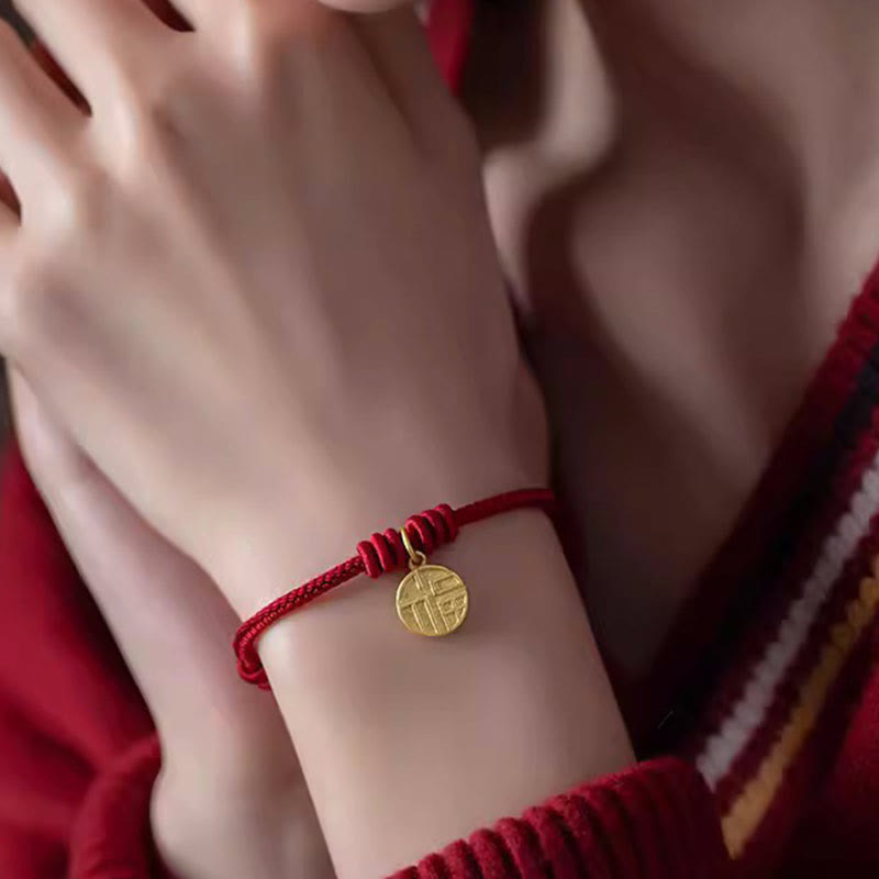 Fortune Jewel Handmade Eight Thread Peace Knot Fu Character Charm Luck Happiness Red Rope Bracelet