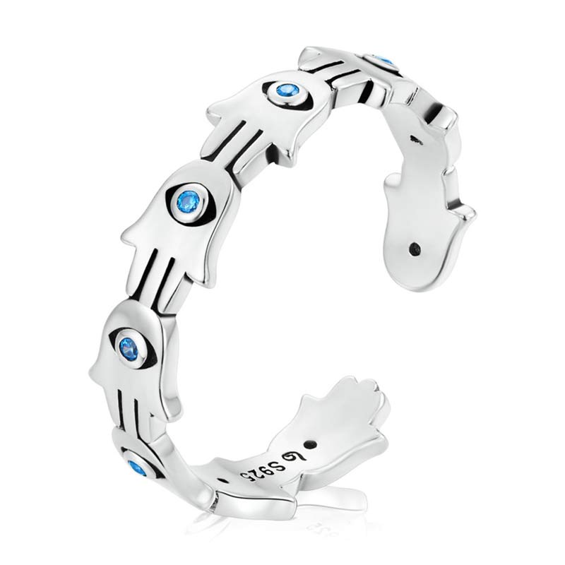 Fortune Jewel 925 Sterling Silver Hamsa Symbol Zircon Adjustable Ring