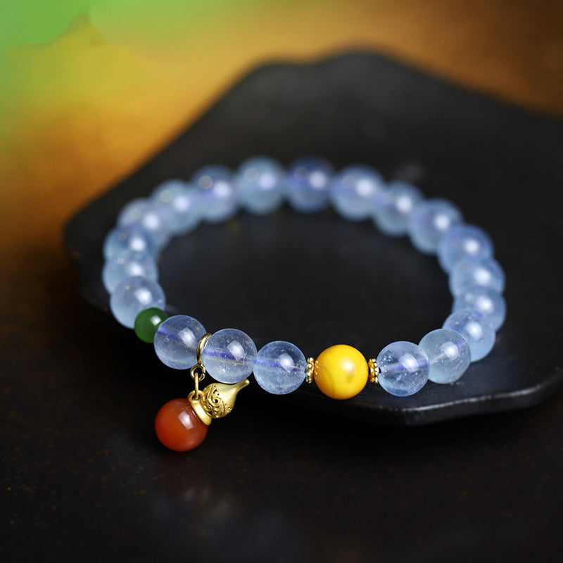 Fortune Jewel Aquamarine Red Agate Peace Gourd Charm Bracelet