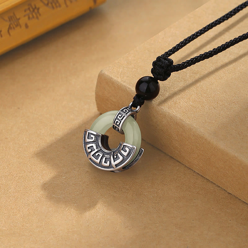 Fortune Jewel 925 Sterling Silver Natural Hetian Jade Peace Buckle Prosperity Necklace Pendant