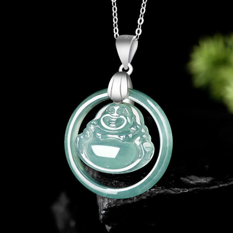 Fortune Jewel Natural Jade Round Laughing Buddha Abundance Titanium Steel Chain Necklace Pendant Fortune Jewel