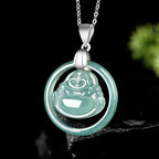 Fortune Jewel Natural Jade Round Laughing Buddha Abundance Titanium Steel Chain Necklace Pendant Fortune Jewel