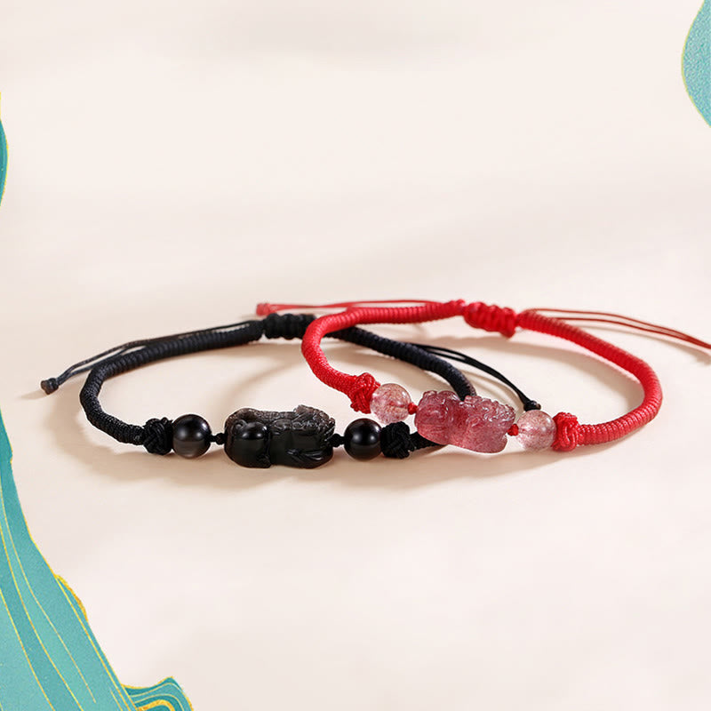 Fortune Jewel Handmade Natural Silver Sheen Obsidian Strawberry Quartz PiXiu Protection Braided Bracelet