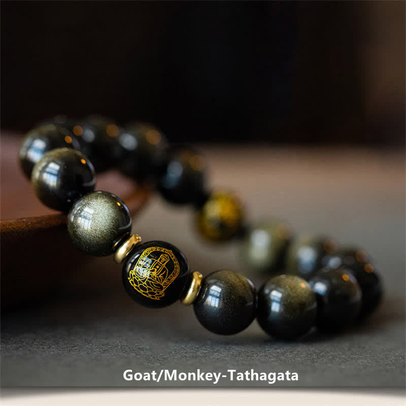 Fortune Jewel Chinese Zodiac Natal Buddha Gold Sheen Obsidian Wealth Protection Bracelet