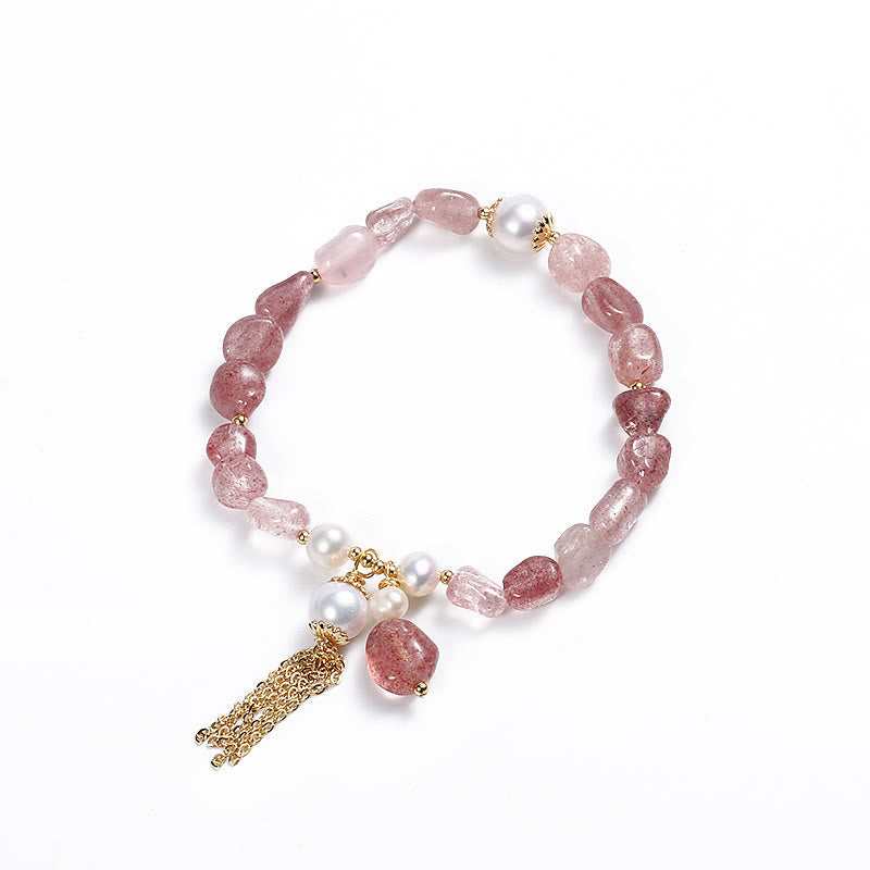 Fortune Jewel Natural Strawberry Quartz Pearl 14k Gold Plated Love Healing Bracelet