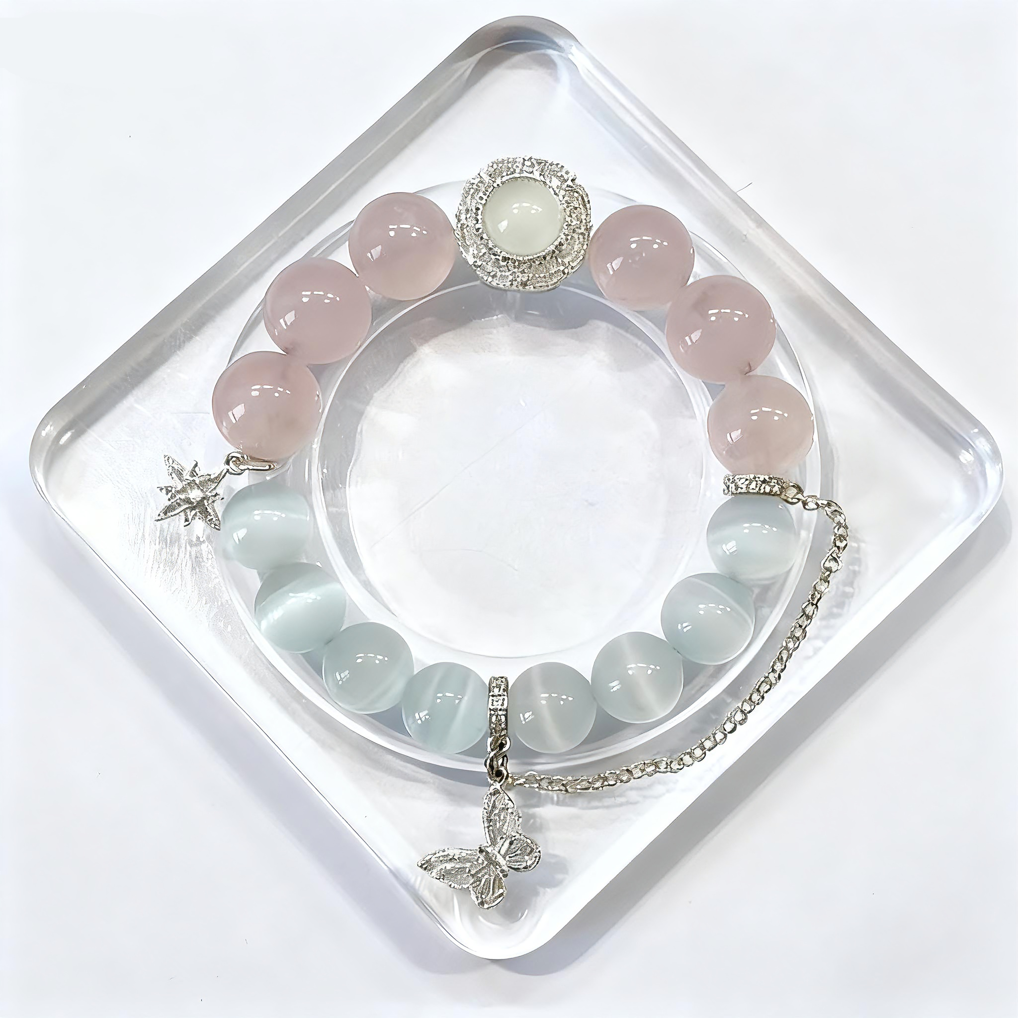 White Cat Eye & Rose Quartz Crystal Bracelet with Silver Charm – DIY Custom Bracelet